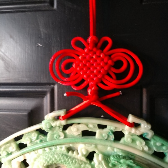 Chinese Carved Green Lacquer Firey Dragon Hanging Fan Red Lucky Knots & Tassels - Picture 6 of 14